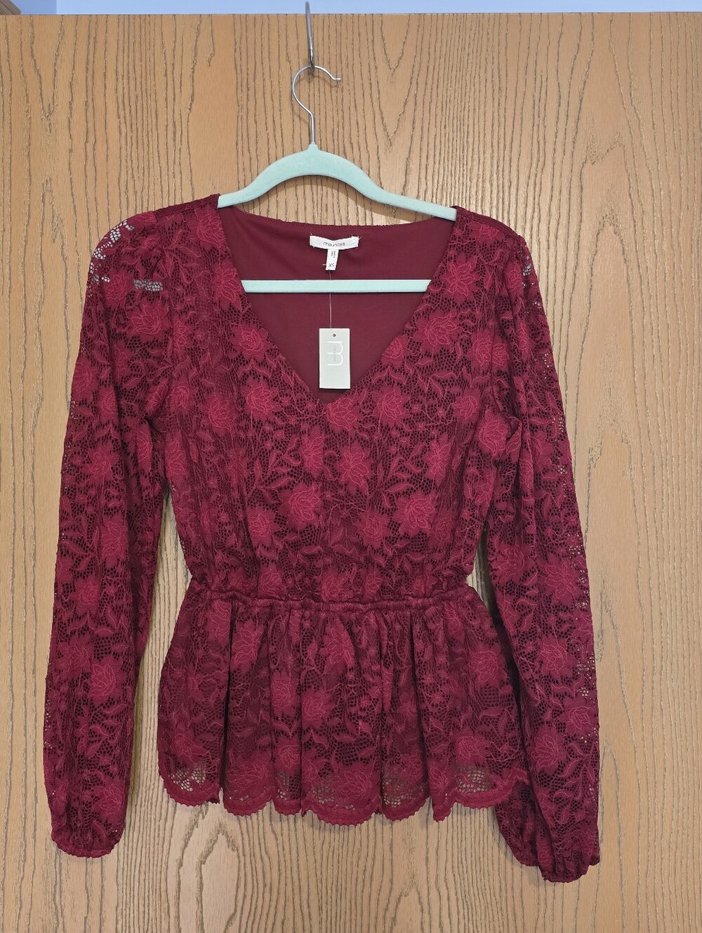 NWT Maurices Lace Peplum V-Neck Top in Deep Wine